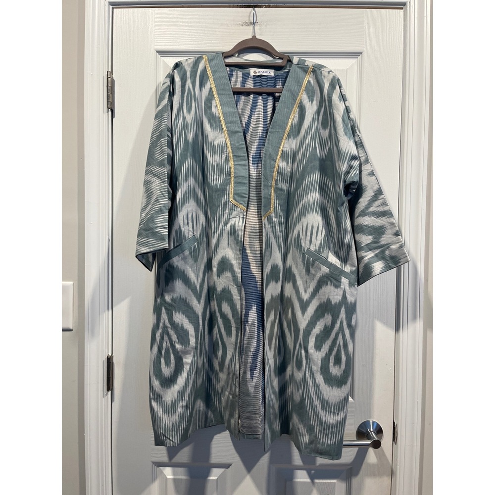 Gold Silk Ikat Duster Cardigan Teal White Kimono Jacket Gold Trim Open Front